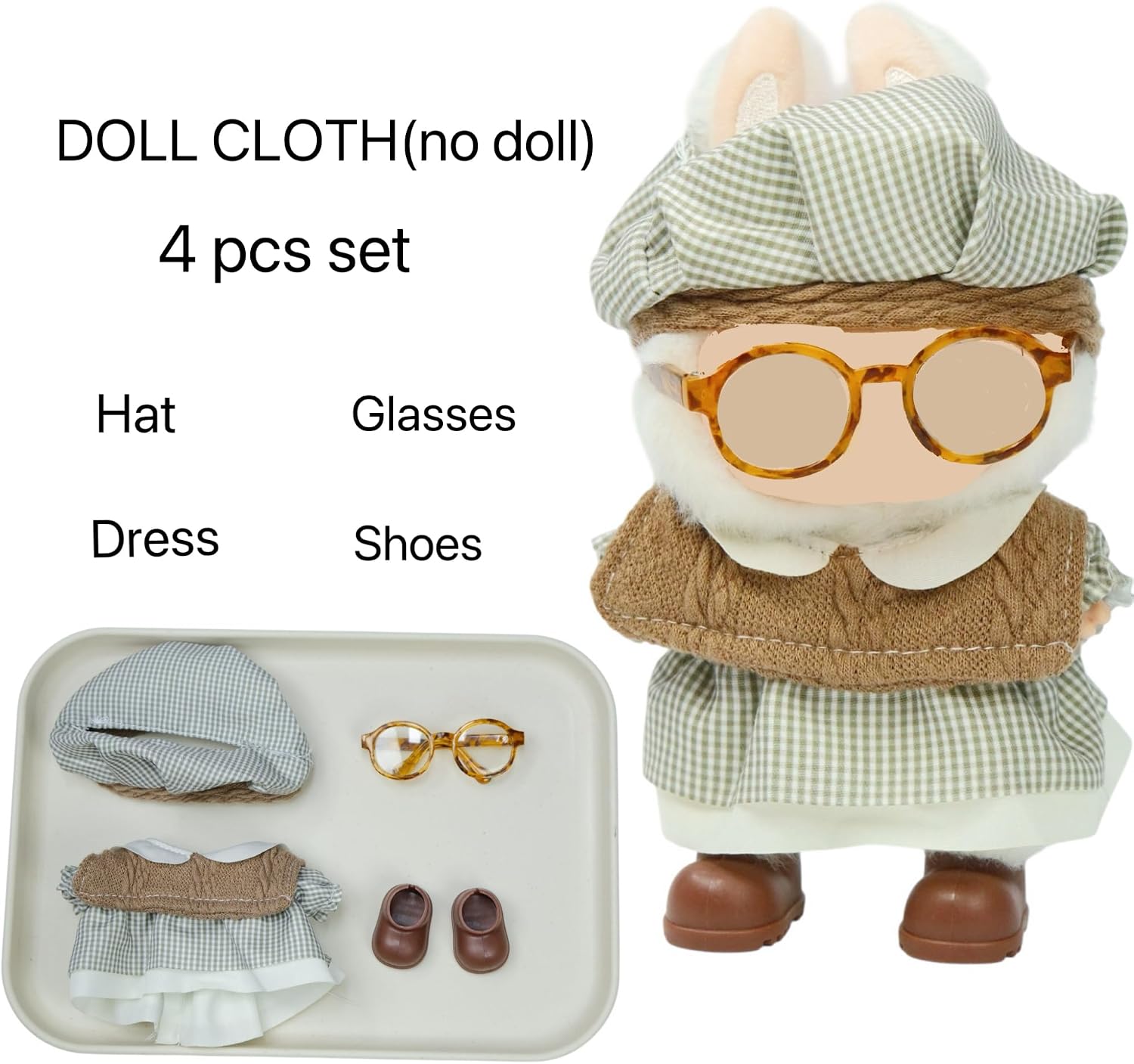 Clothes for 17cm Doll, 4 Pcs Set Doll's Outfits Luxury Clothes Hat Glasses Shoes and Accessories, Stylish Adorable Dolls Dress Clothes Accessories (No Doll) (Art Grey) image 2