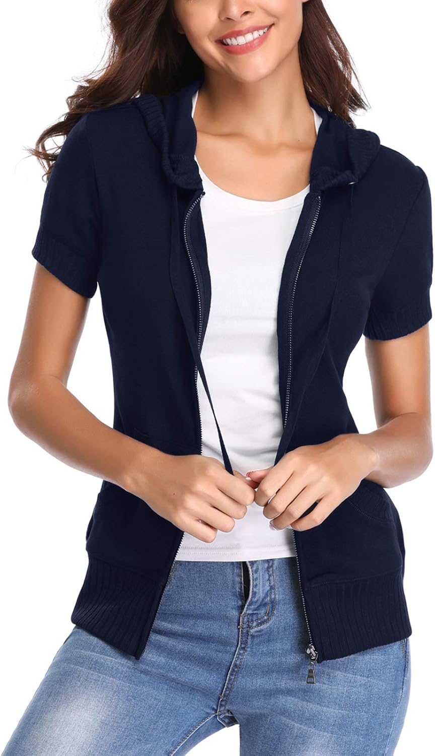 MISS MOLY Women's Zip Up Hoodie Short Sleeves Hooded Jacket Casual Lightweight Sweatshirt with Pockets - Image 2