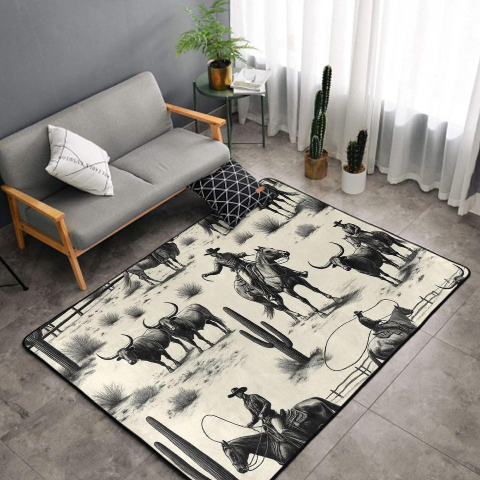 WUXEKZO Memory Foam Cowboy Cow Longhorn Horse Print Western Area Rug Kitchen Rug for Living Room Dining Room, Kitchen - Fast Dry Throw Bath Rugs with