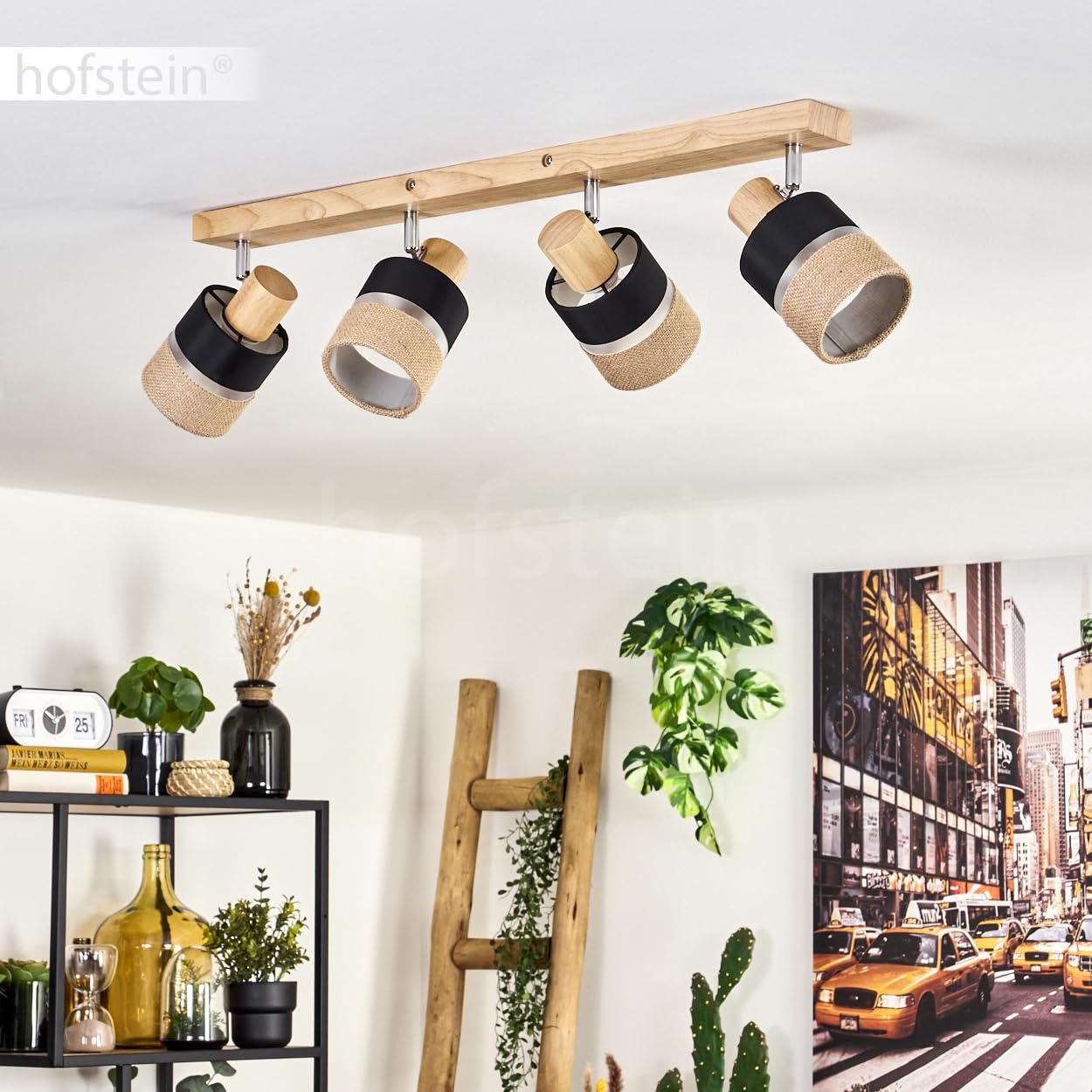 Plafonnier Fallhagen, plafonnier moderne en bois/métal/lin dans les coloris naturel/chrome/noir, luminaire à 4 ampoules au design scandinave avec spots réglables, 4 x E14, sans ampoules