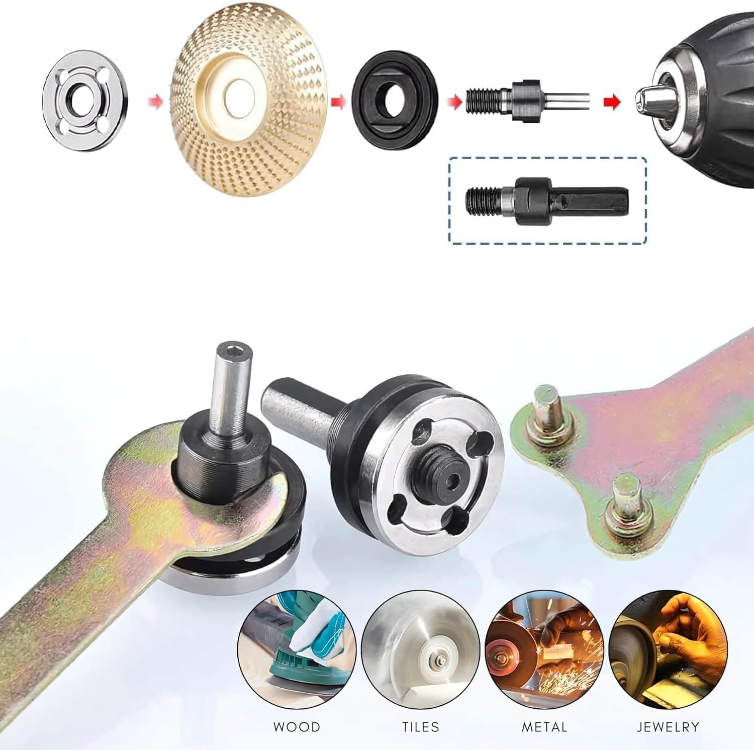 Drill Angle Grinder Conversion Kit – Connecting Rod + Cutting Blade, Flap Disc & Metal Grinding Wheel
