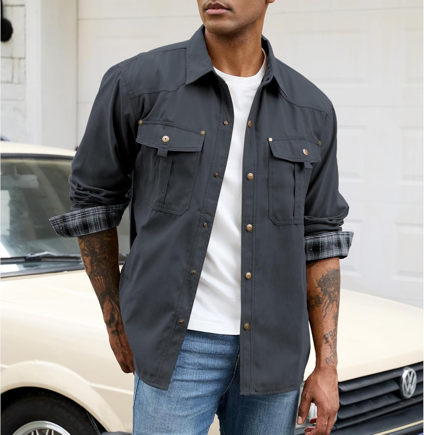 Mens Flannel Linend Shirts Jacket Lightweight Plaid Jackets Snap Button Rugged Western Winter Cowboy Shackets - Image 3