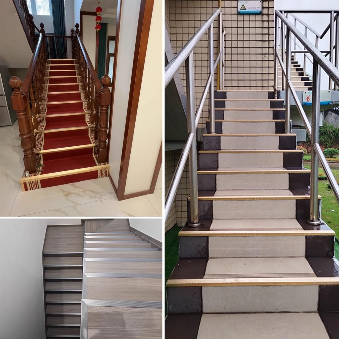 Tira de Borde de Escalera Antideslizante para Interiores 110/120cm, Moldura de Borde de Escalón en Forma de L de Aluminio para Exteriores(Gold,150cm/59in)