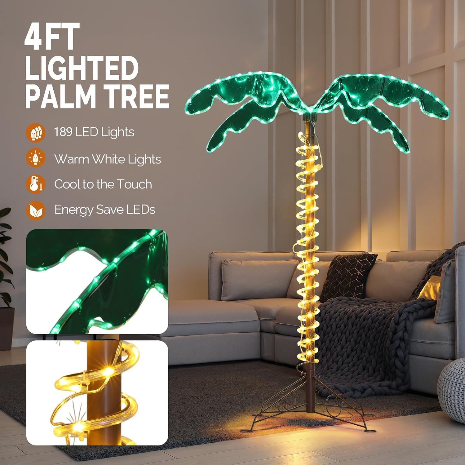 VINGLI 4FT Lighted Palm Tree Christmas Tree, Outdoor for Outside Patio Pool Yard Holiday Decor, Artificial Light up with Lifelike Leaves and Rope LEDs