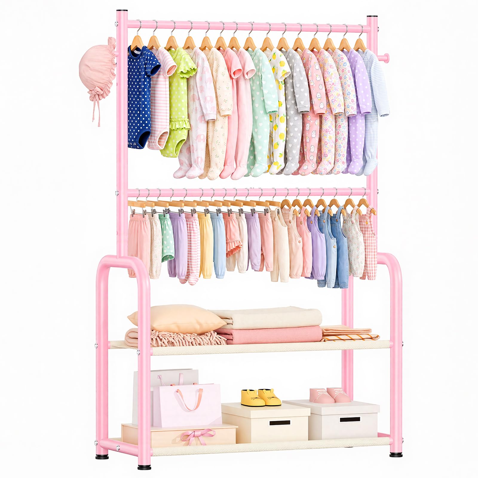 Bambini Abbigliamento Rack 2 Tier Baby Closet Rosa Toddler Dress up Rack | 2 aste appendiabiti, regolabili, per bambini da 0 a 9 anni, per bambini piccoli, per asilo e camera da letto