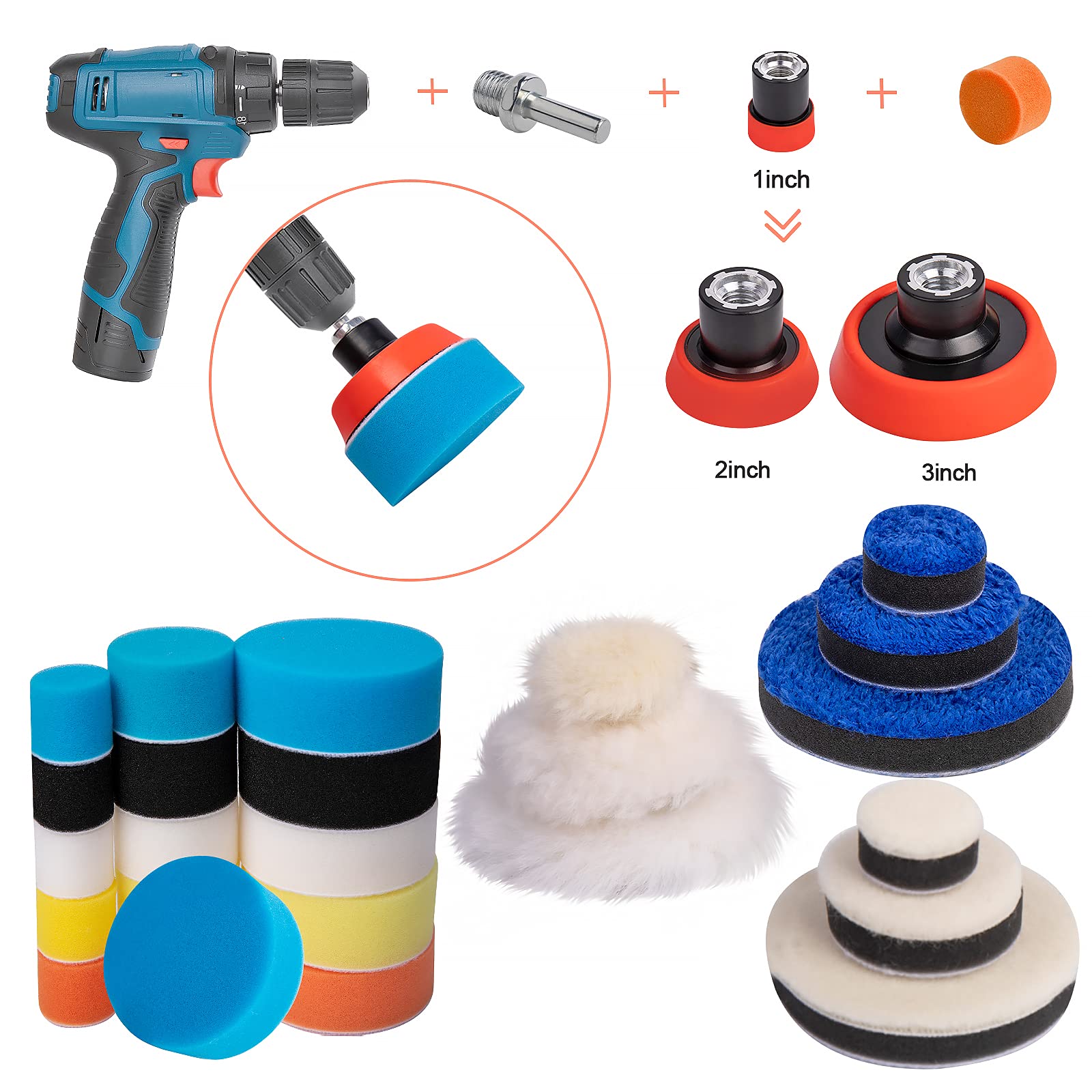 Auspicious 36 Stück Polierschwamm Auto Set - Polierschwamm,25mm, 50mm, 80mm Polierschwämme Polierpad Polieren Pad Schwamm Set mit 1Stück M14 Bohradaptern zum Polieren,Schleifen, Wachse