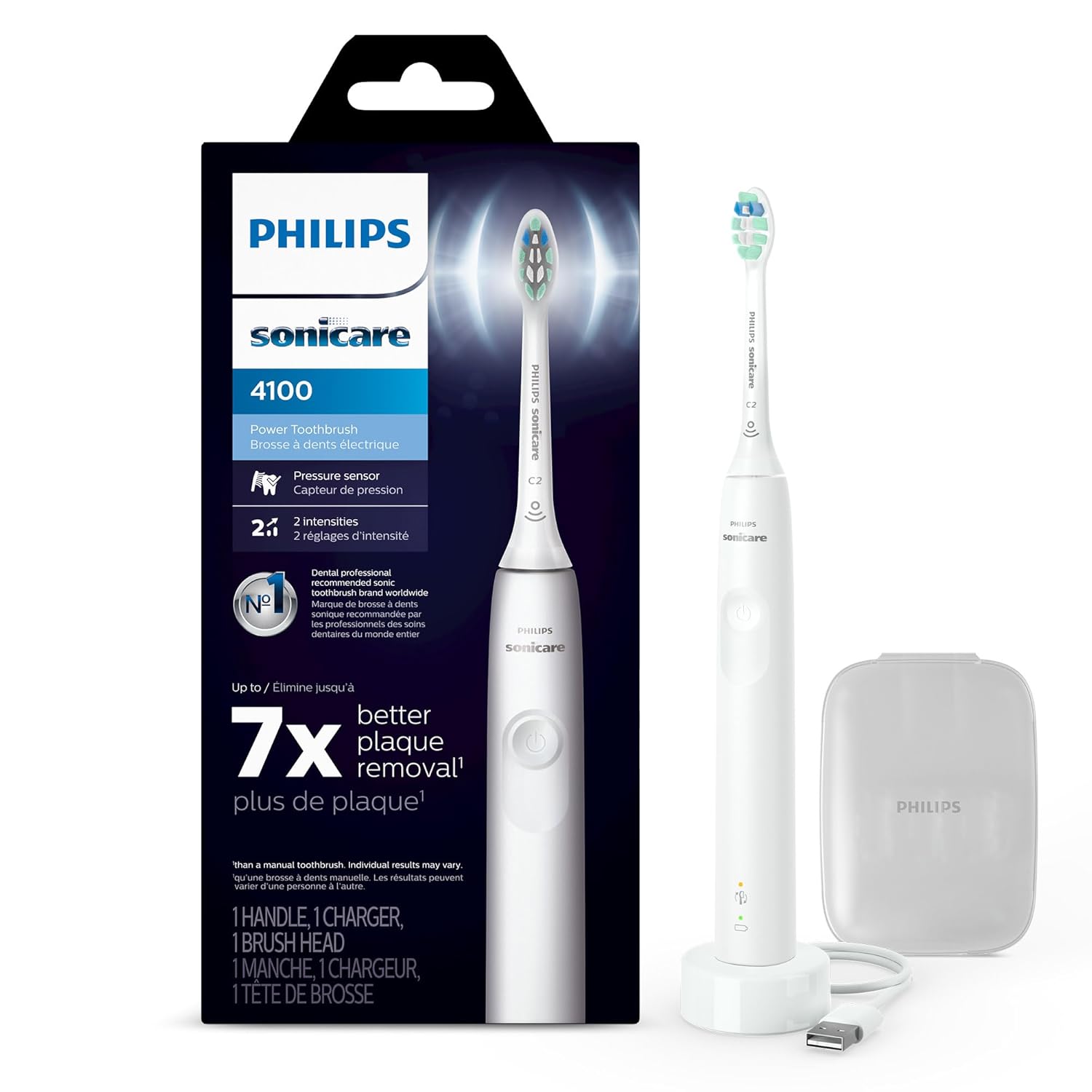 Philips Sonicare 4100 Rechargeable Electric Toothbrush Advanced Plaque Removal Pressure Sensor Includes Brush Head Case White BD5002AZ