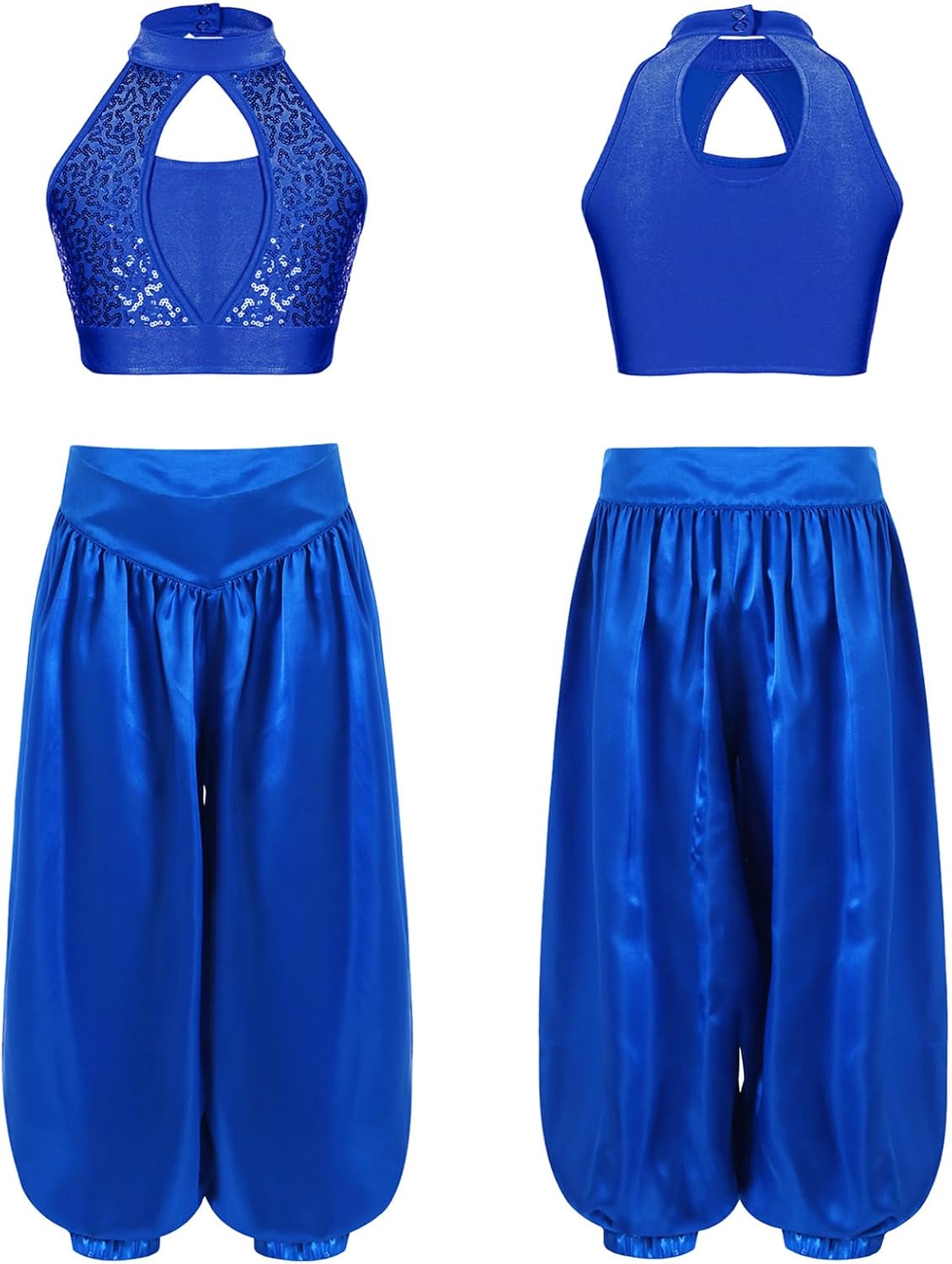 Child Girls Sequin Belly Dance Outfit Crop Top and Bloomers Pants Set 2 Piece Performance Dancewear
