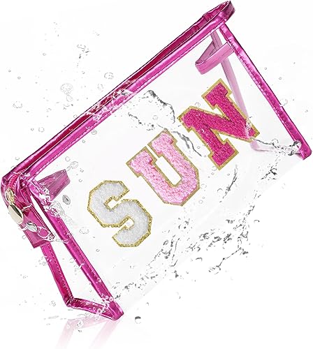 COSHAYSOO Bolsa de Maquillaje Transparente con Protección Solar, Bolsa de Protector Solar con Parches de Letras, Accesorios Esenciales de Playa de