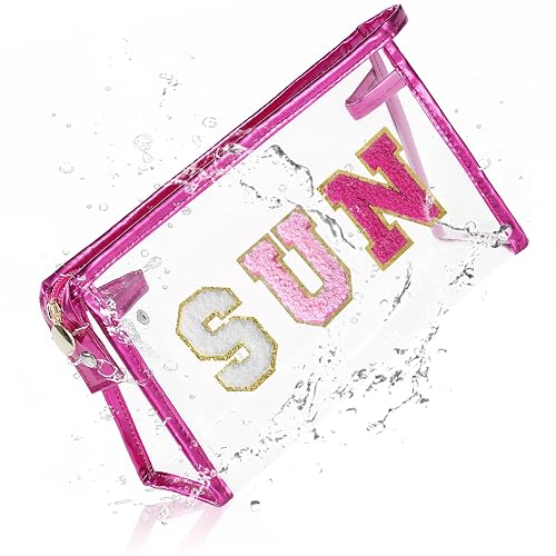 COSHAYSOO Clear Makeup Bag Sunscreen Pouch Summer Things Accessories Waterproof Beach Pool Essentials Stuff Air Cruise Travel Toiletry Gifts for Women Teenage Girls with Chenille Letter Pink SUN - Pink-SUN