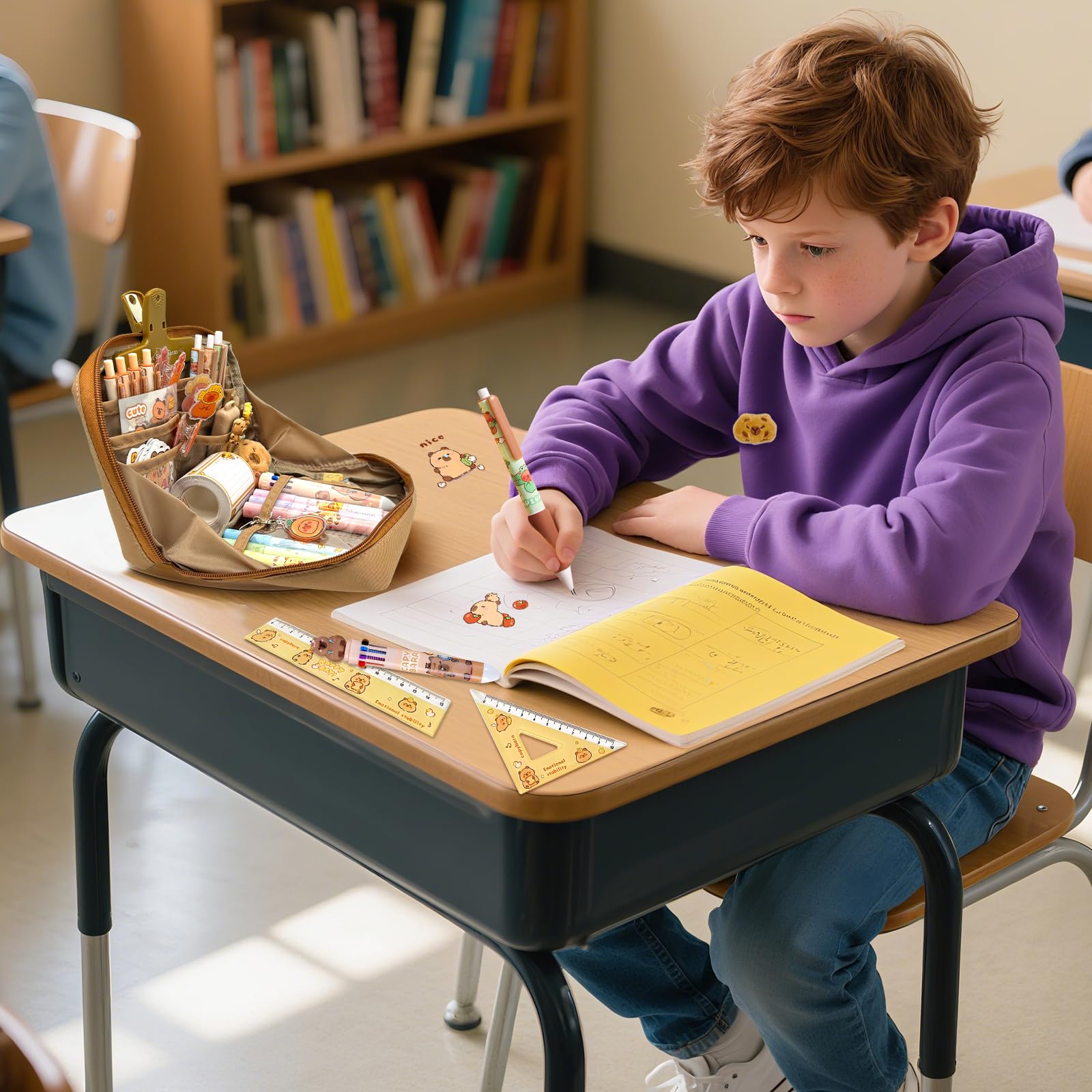 Pardofelis 66 piezas Capybara Papelería Set Lindo Capybara Estuche de Regalo para Niños y Estudiantes, Estuche Capybara con Lápices Goma de Borrar Pegatinas Clips Reglas para Escuela Oficina