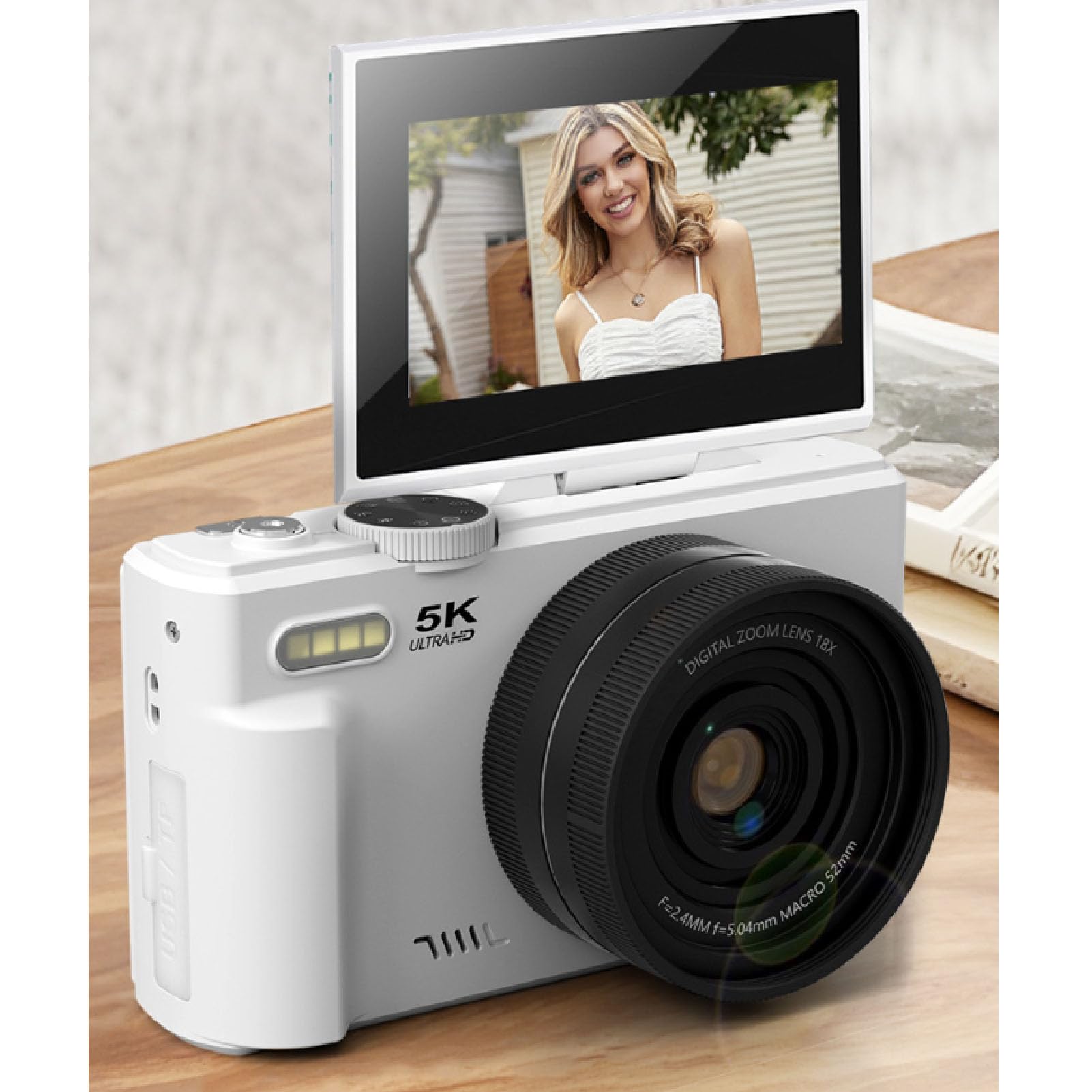 Dpofirs Fotocamera Digitale 5K per Fotografia, Videocamere Vlogging Wi-Fi da 75 MP, con Schermo Orientabile da 3 Pollici e Orientabile a 180 Gradi, Videocamera da Viaggio Compatta per (WHITE)