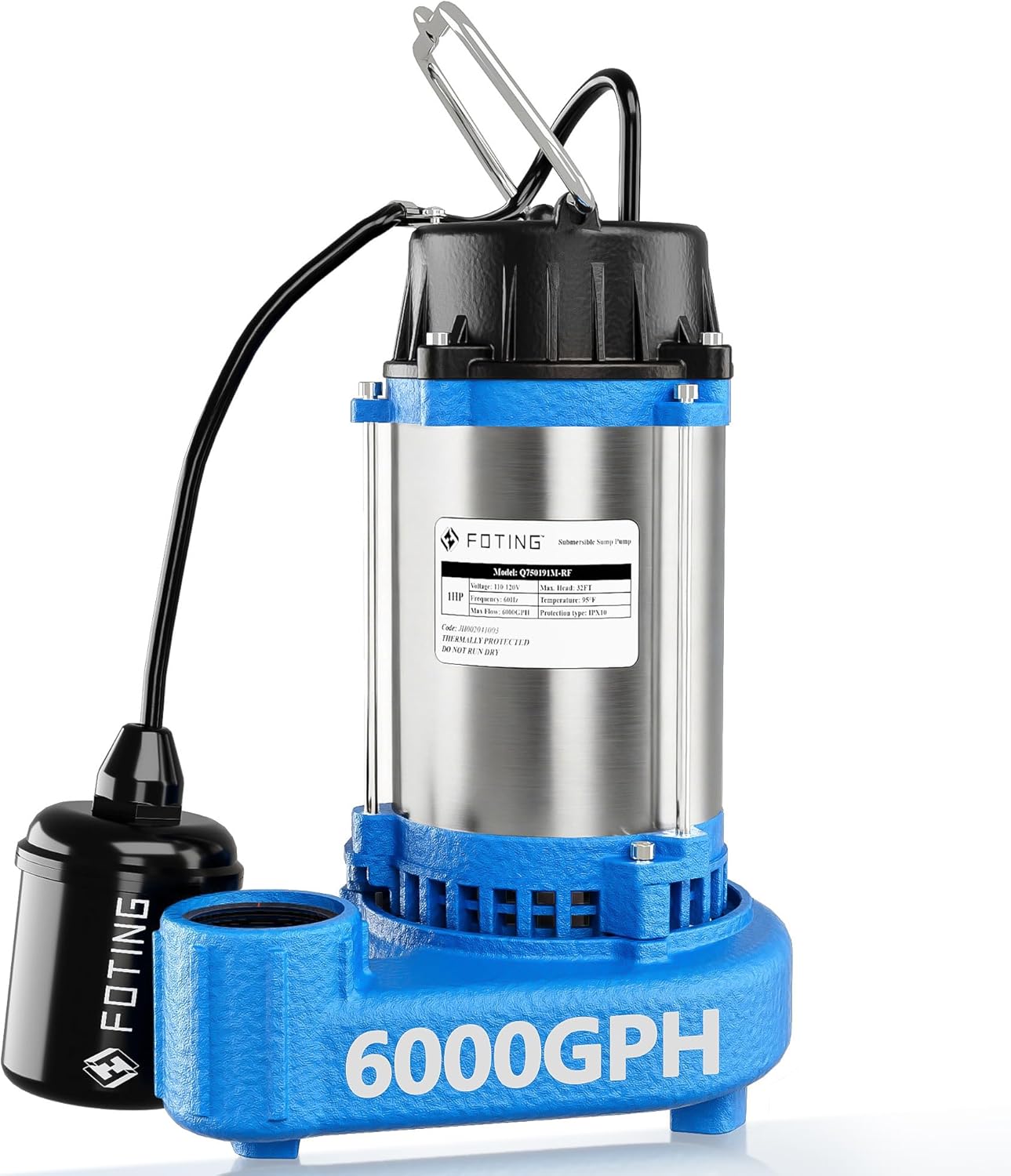 FOTING Sump Pump Submersible Sewage/Effluent Pump - Heavy Duty Cast Iron - 115V Septic Pump for Sump Basin/Residential/Sewage/Basement, 1HP 6000 GPH Sewage Pumps 1-1/2'' NPT