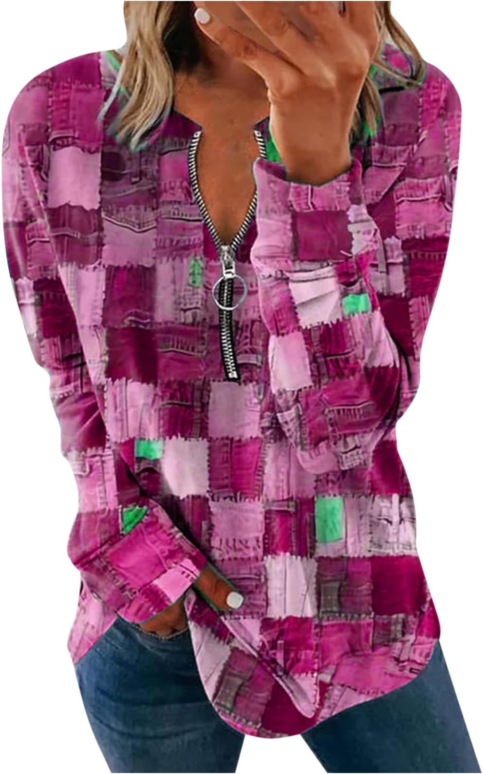 Ladies Long Sleeve Tops Oversized Ladies Fashion Jumpers Half Zip Casual Christmas Sweater Clothes Lapel Quarter Zip Color Block Jumper Sweatshirt Y2k Lightweight Blouse Pullover