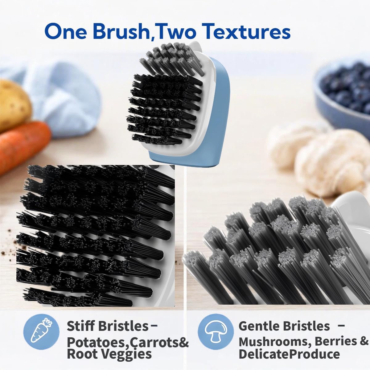 2 Pack Vegetable Brush with Potato Eye Remover, Standing Design Scrubber with Ergonomic Handle, Stiff and Gentle Nylon Bristles for Potato, Carrot, Mushroom Cleaning