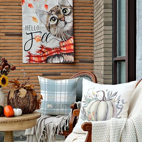 Miniatura 4 de Juego de 4 fundas de almohada de otoño de 20 x 20 pulgadas, diseño de búfalo a rayas, lunares, calabazas, hojas, decoración de interiores,