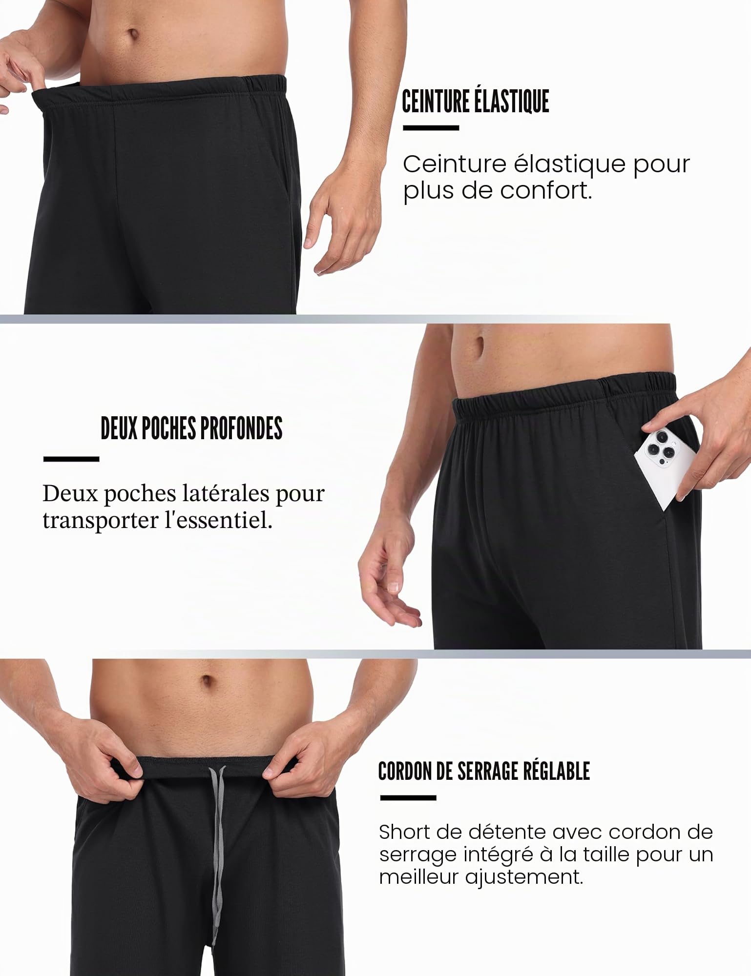JINSHI Bas de Pyjama Homme Short Pyjama Coton Doux Short de Nuit Décontracté Pantalon de Pyjama Court Taille Elastique avec Poches