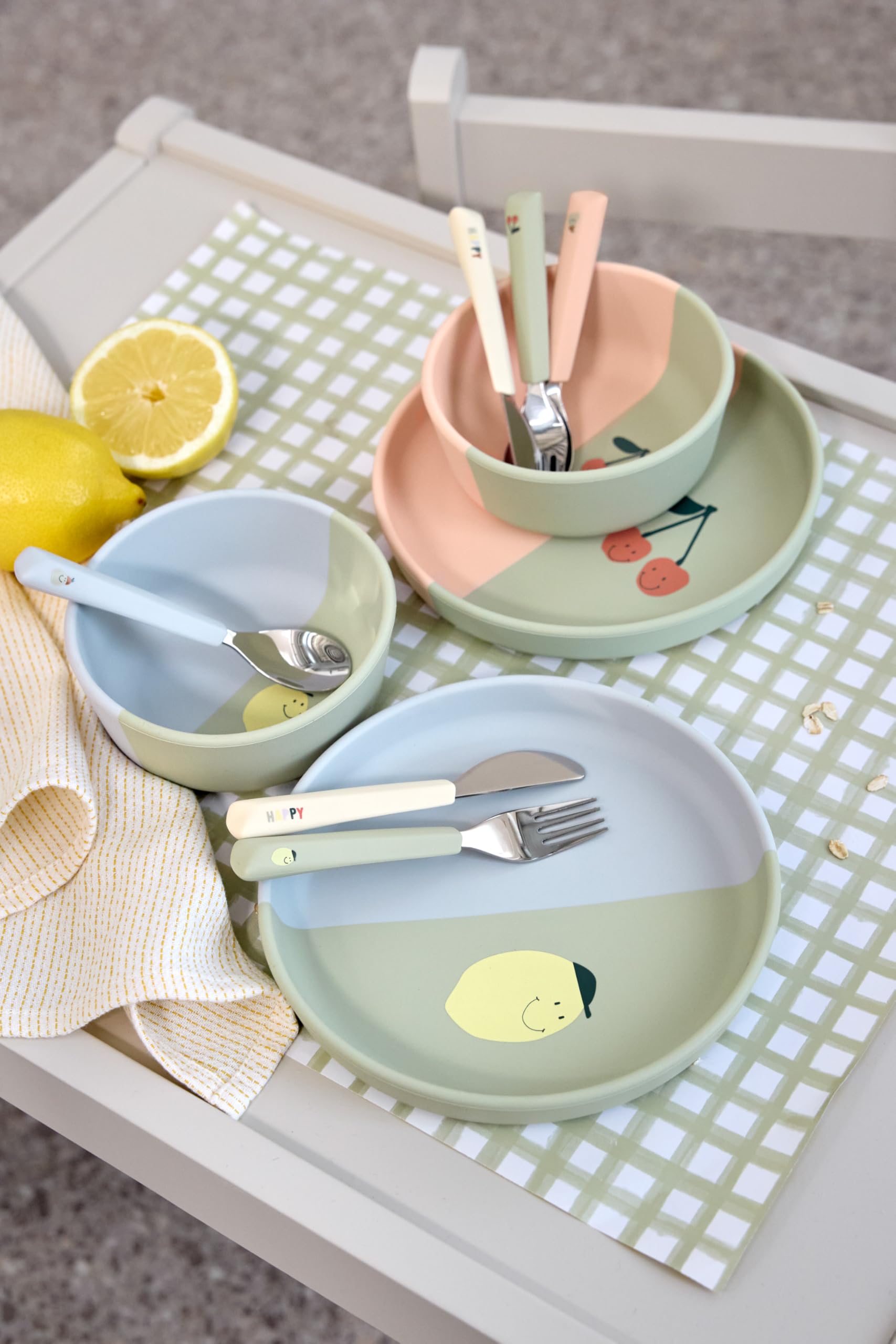 LÄSSIG Kinderbesteck Set 3-teilig Gabel, Löffel, Messer Edelstahl Silikongriff/Cutlery with Silicone Handle Happy Fruits Lemon