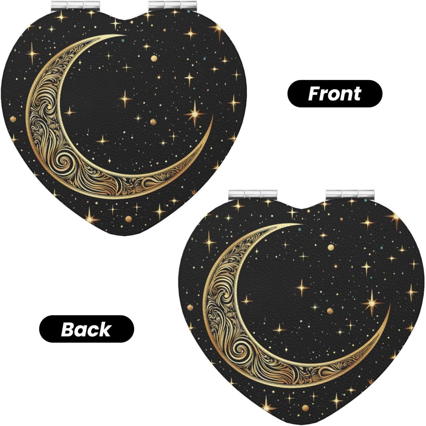 Crescent Moon Pattern On Black Background Compact Mirror Small Travel Makeup Mirror 2X 1x Magnification Portable Folding Mirror Lightweight Metal Cosmetic Pocket Mirror for Women Gifts image 2