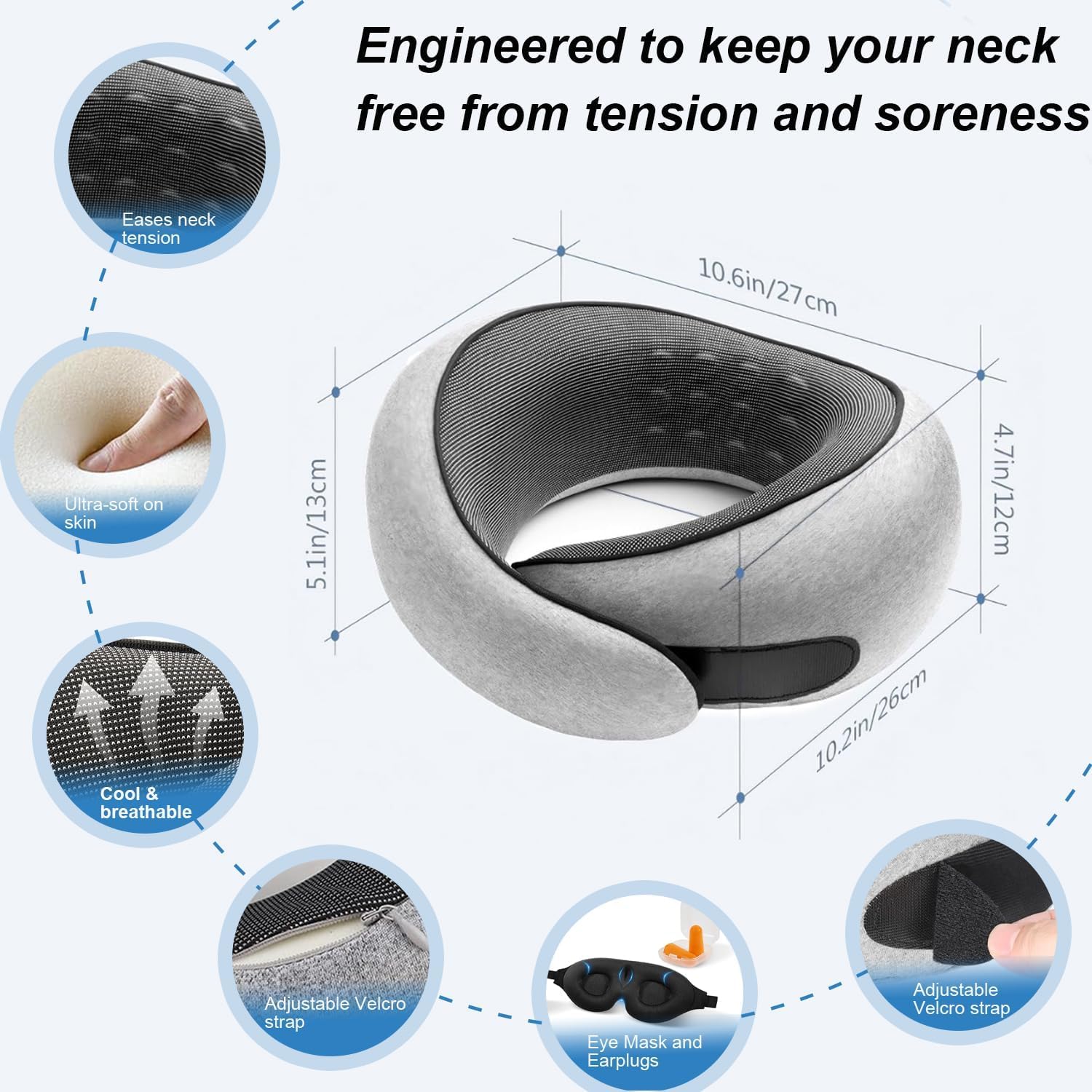 G-Shape Memory Foam Travel Pillow Super Comfort Neck Pillow Airplane 360°Support | Complete Sleep Kit: Eye Mask, Ear Plugs & Carry Bag |Airplane Pillow for Home, Car & Travel(Gray)