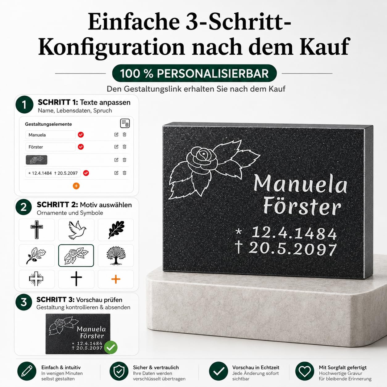Generisch Grabmale24 Grabplatte aus Granit 30 x 20 x 6 cm Querformat, personalisierbare Urnengrab Liegeplatte mit Gravur, rechteckige Gedenkplatte für Rasengrab & Wiesengrab - Indian Black