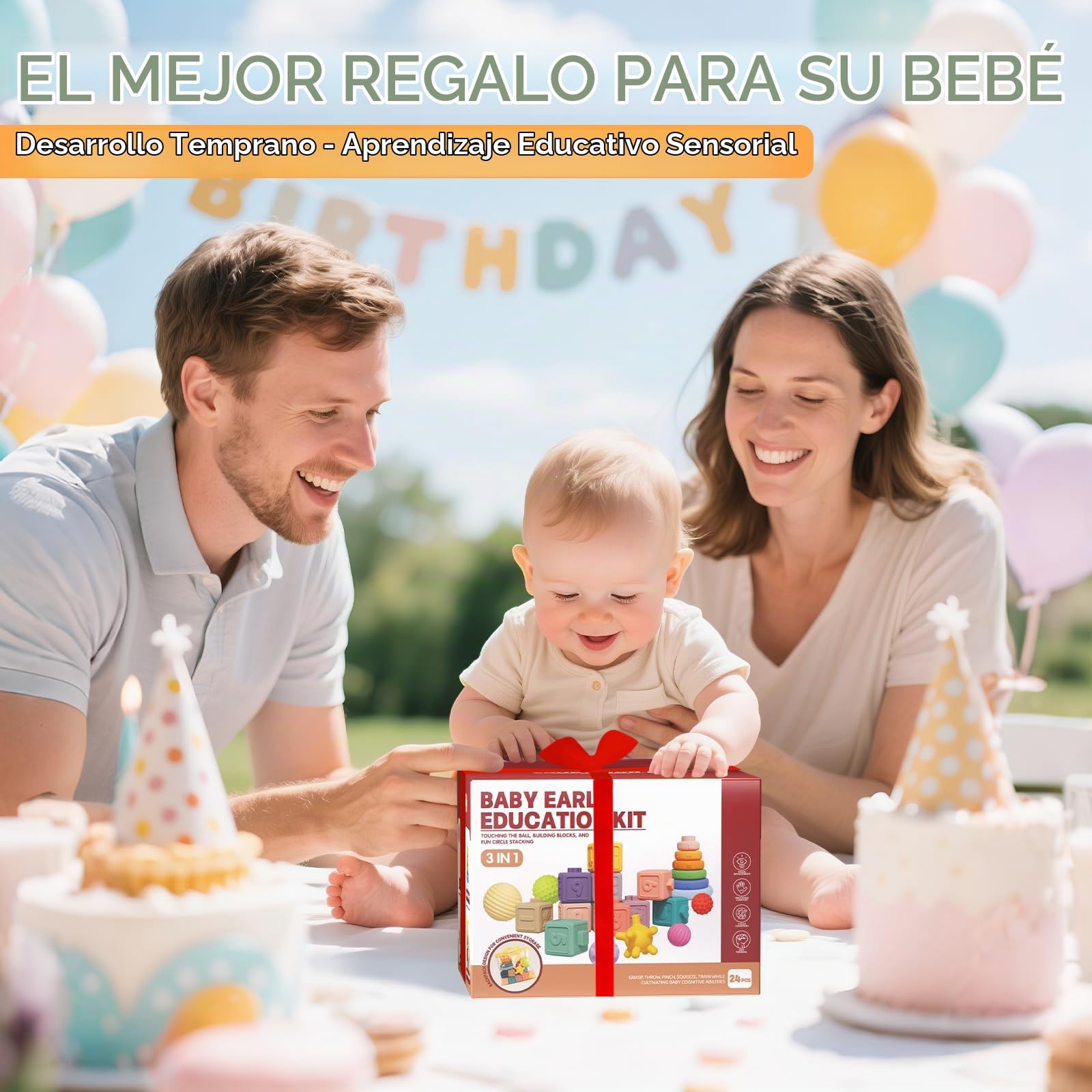Plunack Montessori Juguetes para Bebés, 24 Piezas Bloques de Construcción Suaves Bolas Sensoriales Mordedores Anillo Juego para apretar y Aprendizaje Educativo Temprano de Juguete para 18+Meses