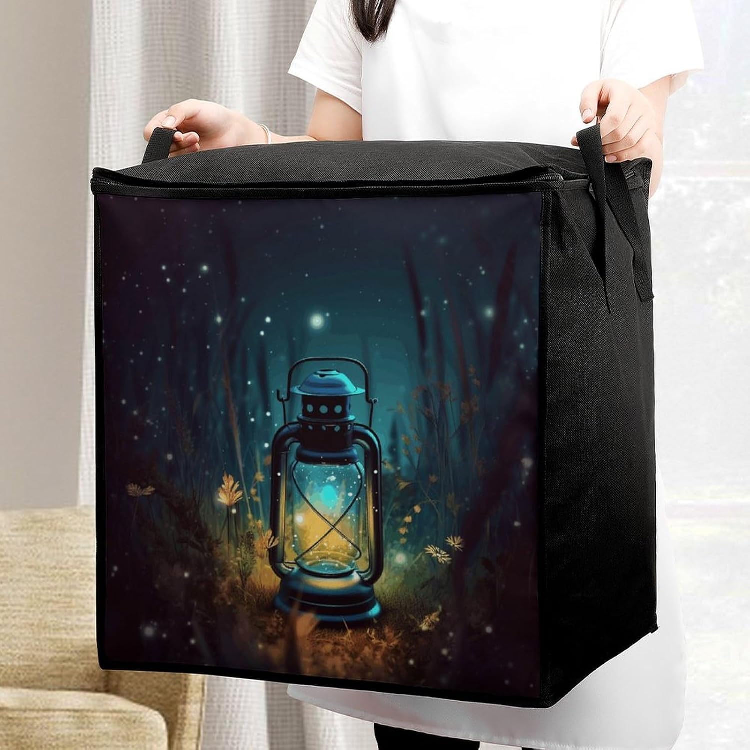 Fireflies And Lantern Storage Bag with Zippers And Handle Extra Large Bedding Comforter Storage Bag Foldable Blanket Storage Bags Fabric Moving Bags for Closet Organizer (70L)