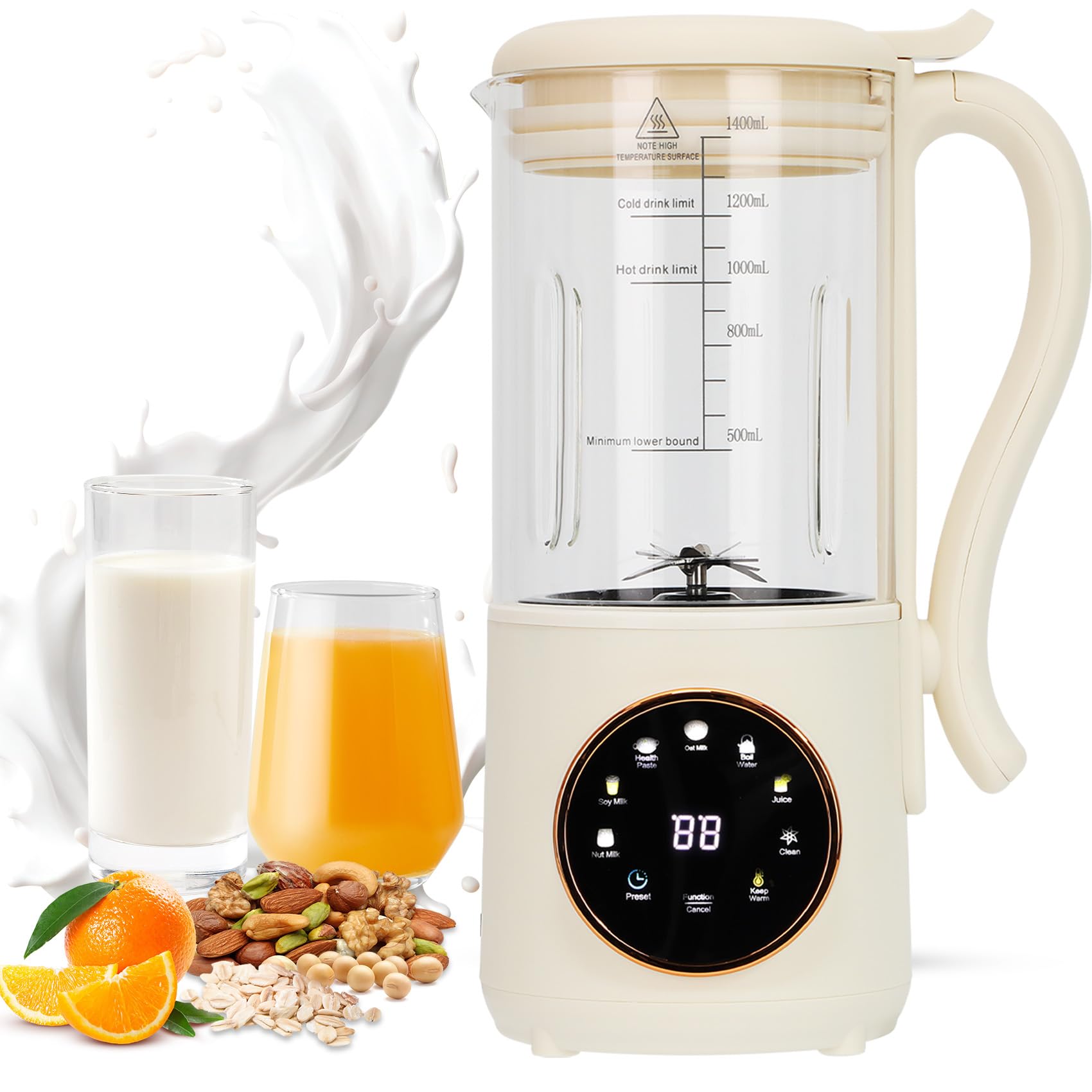 9 in 1 Automatic Soy Milk Maker, 47oz (1400ml) Nut Milk Maker, with Self-Cleaning, 16 Blades Makes Almond Milk, Oat Milk, Plant Milk, Juice with 24H Delay Timer, Boiling Water And Keep Warm Functi
