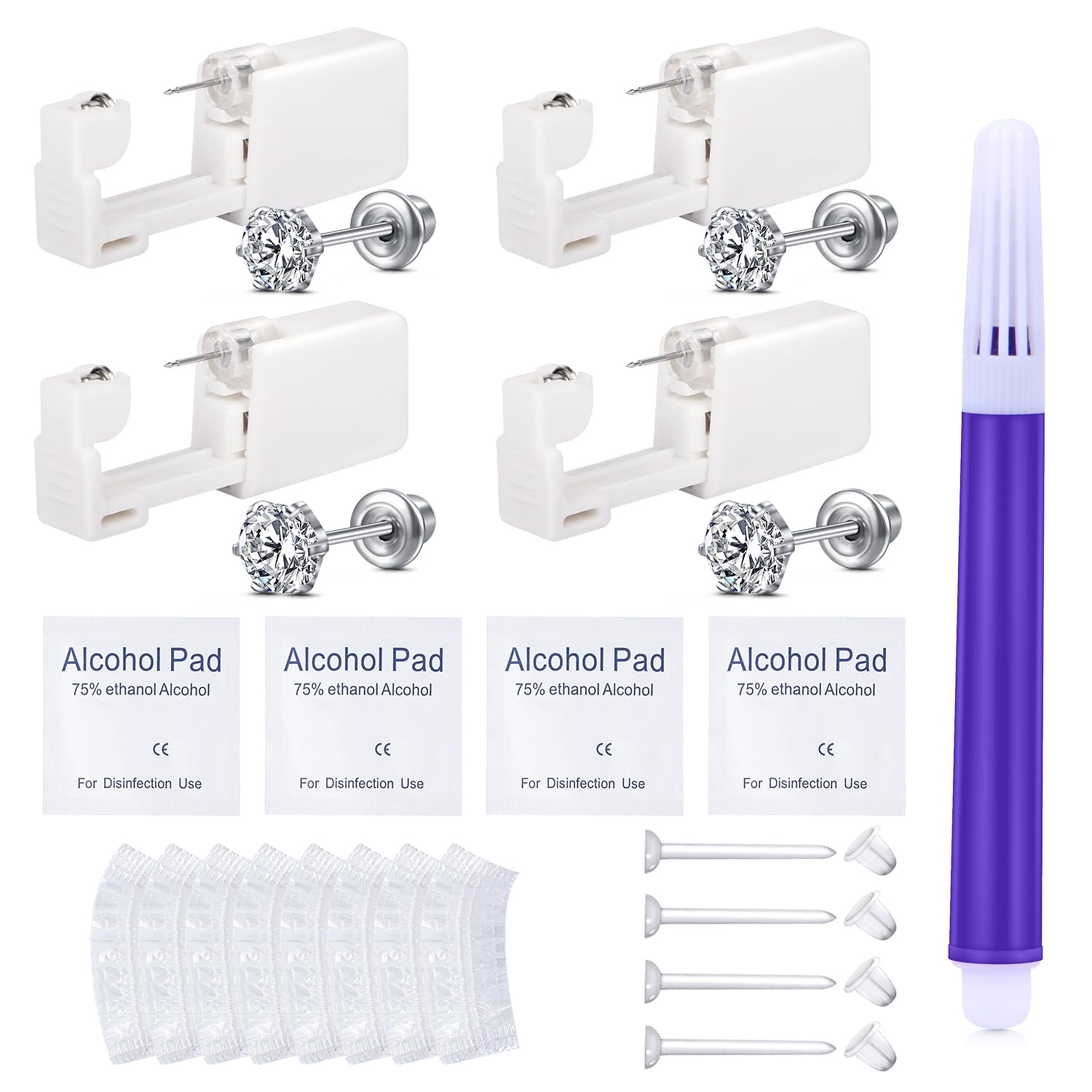 DJCIW Disposable Ear Piercing Kit, Ear Piercing Gun Kit wth 4mm 5mm CZ Built-in Ear Studs, 10pcs Ear Covers and 4pcs Cleaning Pads and 1 Mark Pen for At Home Self Ear Piercing Kit