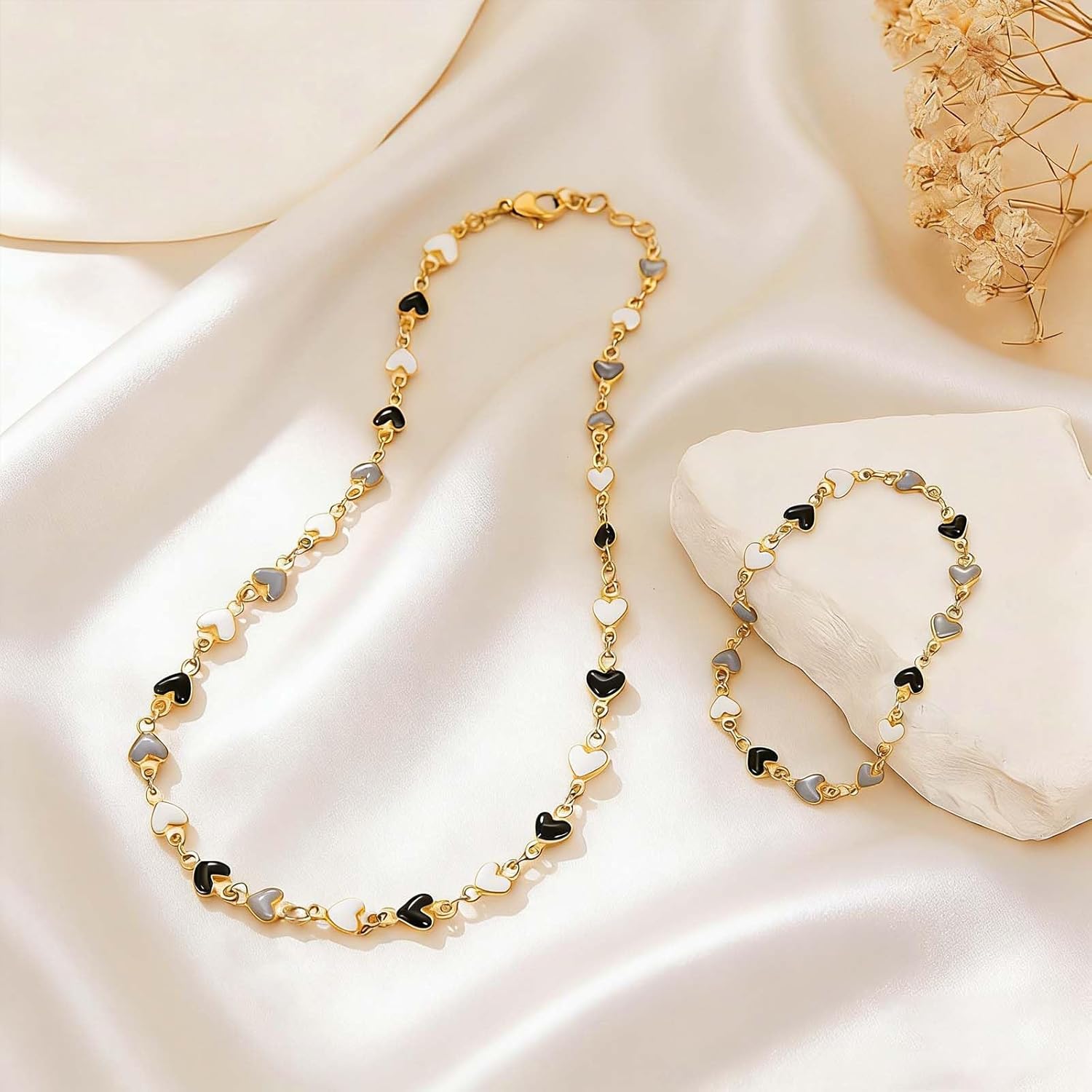 Gold Jewelry Set for Women, Dainty 18K Gold Plated Heart Necklaces Bracelets Set, Elegant Choker Necklaces Bracelets Trendy Valentine Anniversary Birthday Jewelry Gift