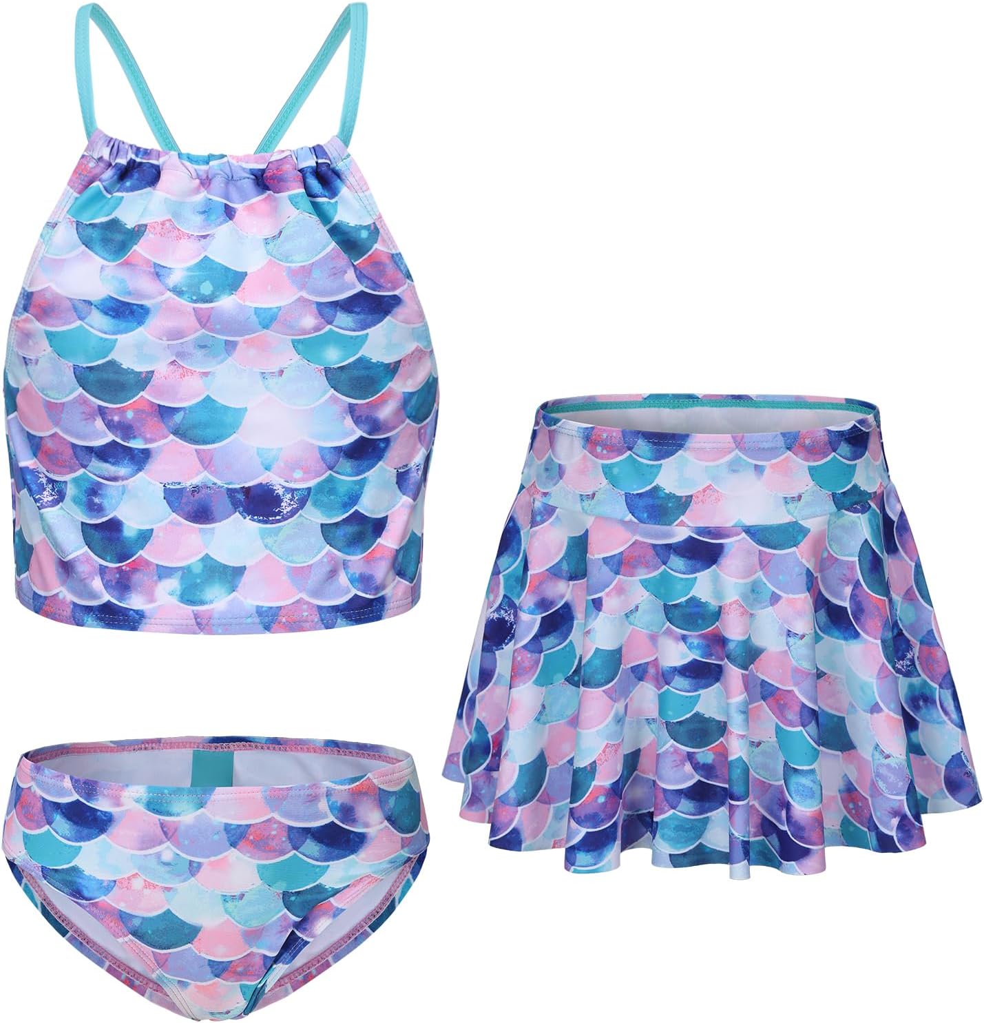 Girls 3 Piece Swimsuits for Teen Girls Bikini Set with Skirt Hawaiian Bathing Suits Beach Swimwear 3-16 Years