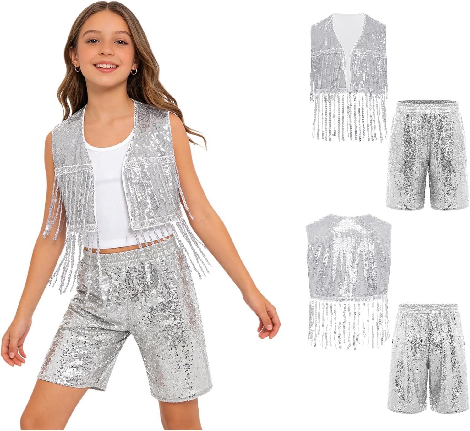 Girls Sequins Tassel Dance Outfits Ballroom Dancewear Shiny Shorts And Top Set for Stage Performance Silver 16 Years