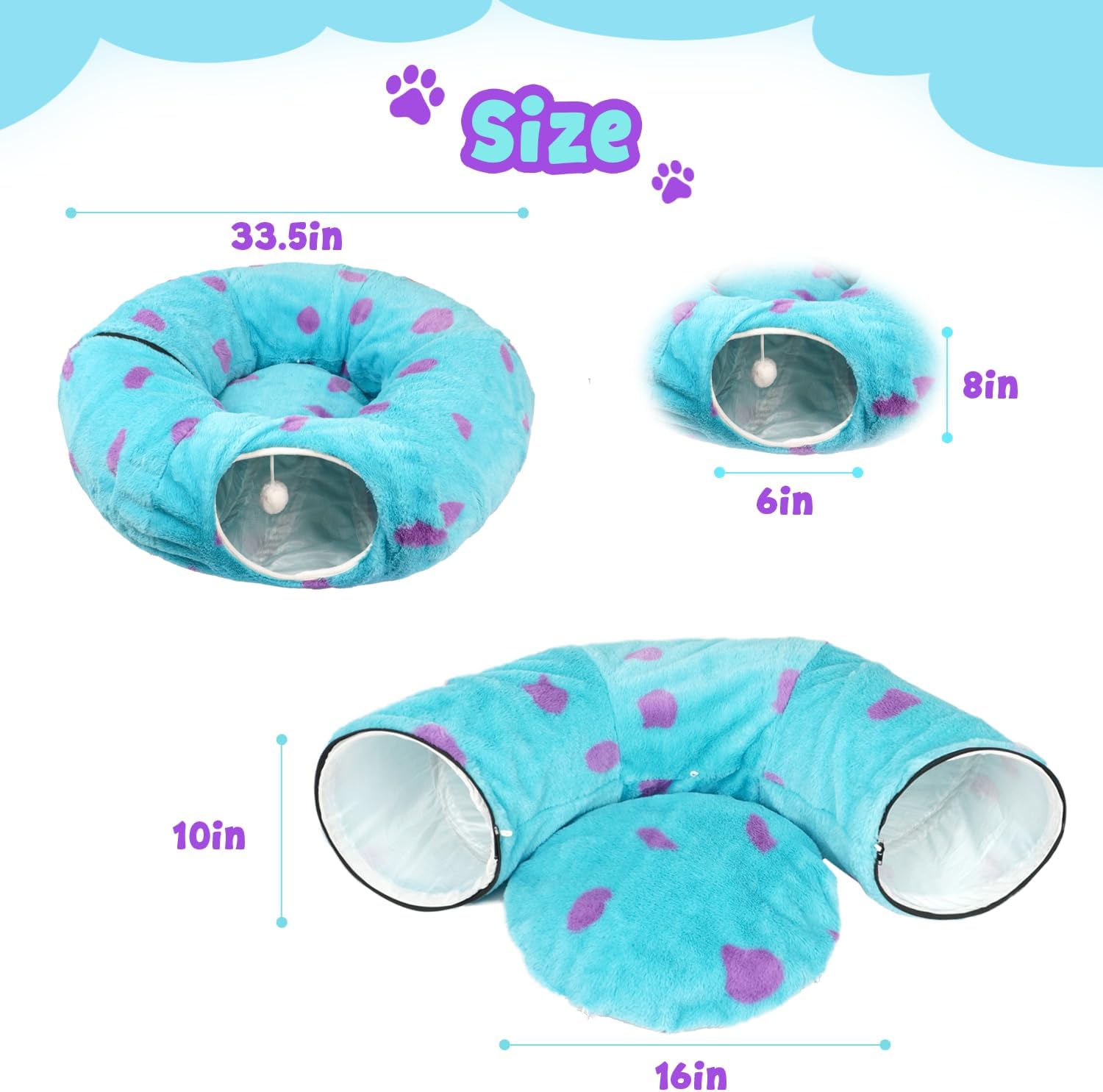 Cat Tunnel Bed for Indoor Cats, Cute Cat Tunnel Toy with Washable Cushion, Fits Cats up to 25 lbs, Peekaboo Cave Pet Bed for Kittens, Rabbits, Blue Purple Donut