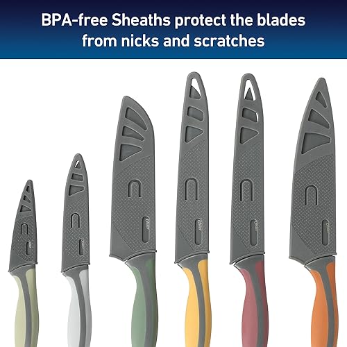 Miniatura 7 de Oster Ronnan - Juego de cuchillos de 12 piezas, 6 cuchillos de colores surtidos con cuchillas antiadherentes y 6 fundas - Cuchillos para cocina
