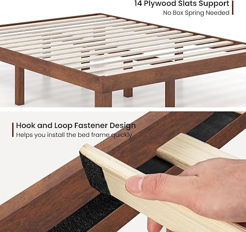 Miniatura 6 de KOMFOTT Base de cama de plataforma de madera de 14 pulgadas, tamaño Queen, base de colchón de madera maciza con marco de madera de goma, soporte de
