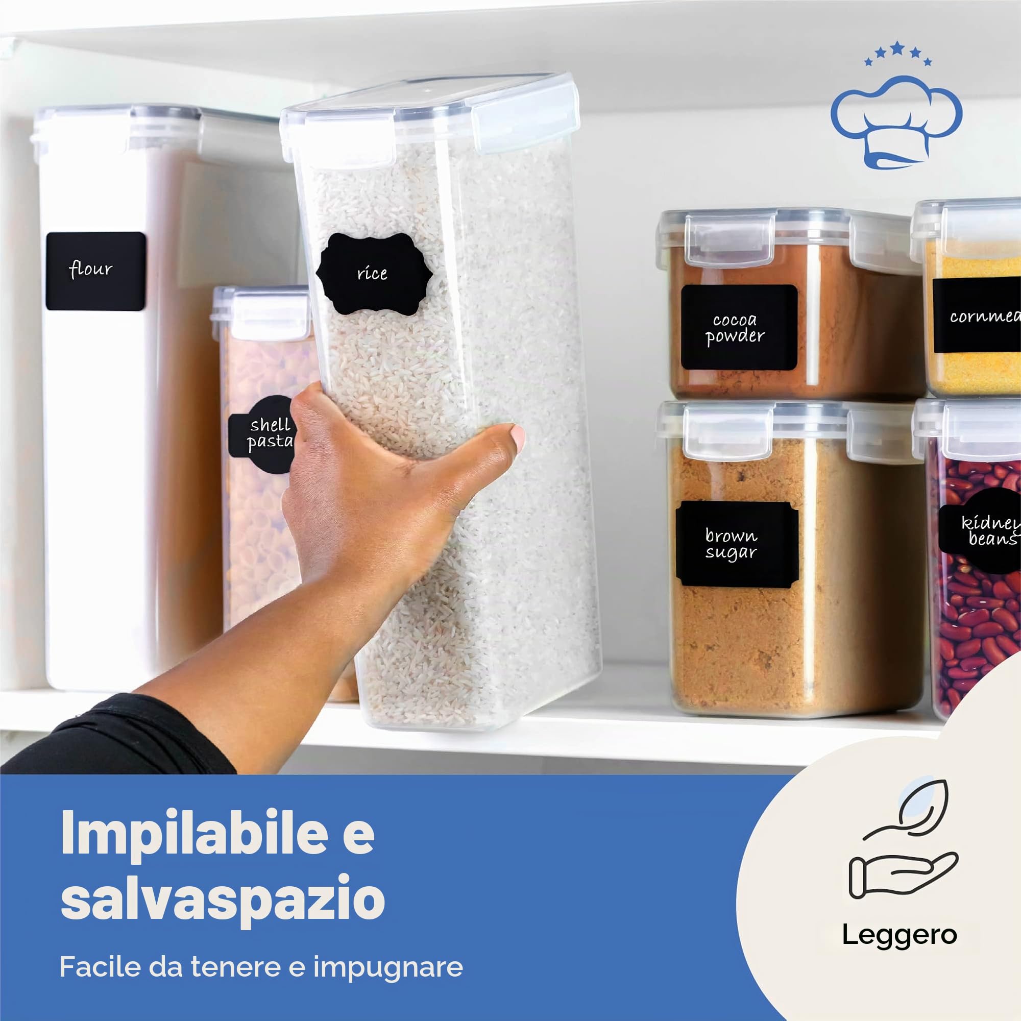 Set di contenitori ermetici per alimenti, 24 pezzi, per organizzazione cucina e dispensa, senza BPA, contenitori in plastica con coperchi resistenti, ideali per cereali, farina e zucchero, set di