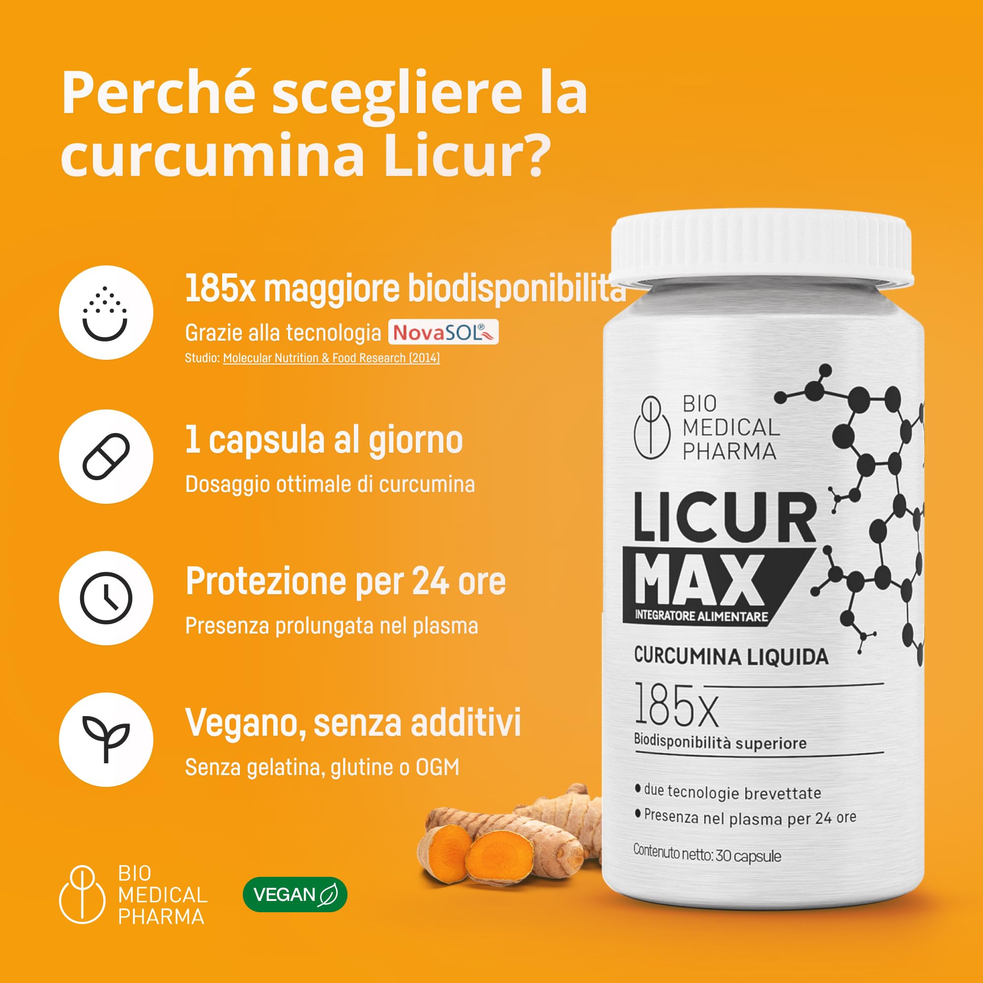 Curcuma capsule alta concentrazione - 185x biodisponibilità, curcumina micellare NovaSOL, senza piperina e senza vitamina D, vegana (30 capsule)