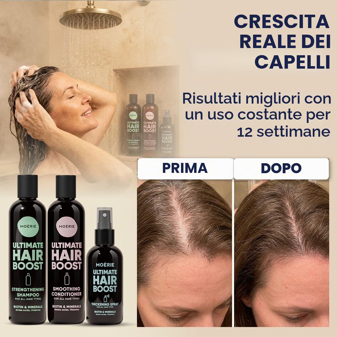 Moerie Mineral Shampoo e Balsamo Plus Hair Spray Mega Pack - Il set definitivo per la cura dei capelli - Per capelli più lunghi, spessi e pieni - Prodotti vegani per capelli - Prodotti senza parabeni