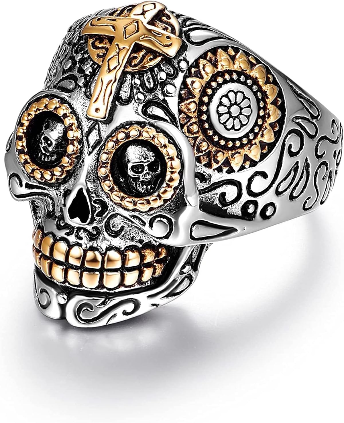 Sugar Skull Rings for Men Women, Stainless Steel Day of The Dead Mens Jewelry, Cool Biker Gothic Ring Christmas