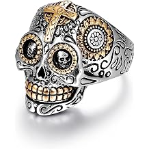 LAOYOU Sugar Skull Rings for Men Women, Stainless Steel Day of the Dead Mens Jewelry, Cool Biker Gothic Ring Christmas