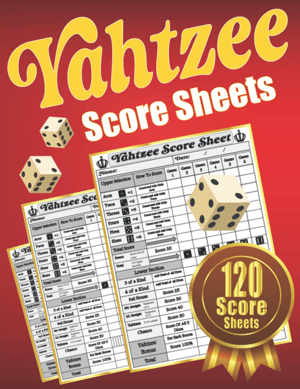 Yahtzee Score Sheets: Yahtzee Score Keeping Cards for Yahtzee Dice Game Lovers/ Yahtzee Scorebook Pads for Scorekeeping with Mini Yahtzee Box/ Red and Yellow Background