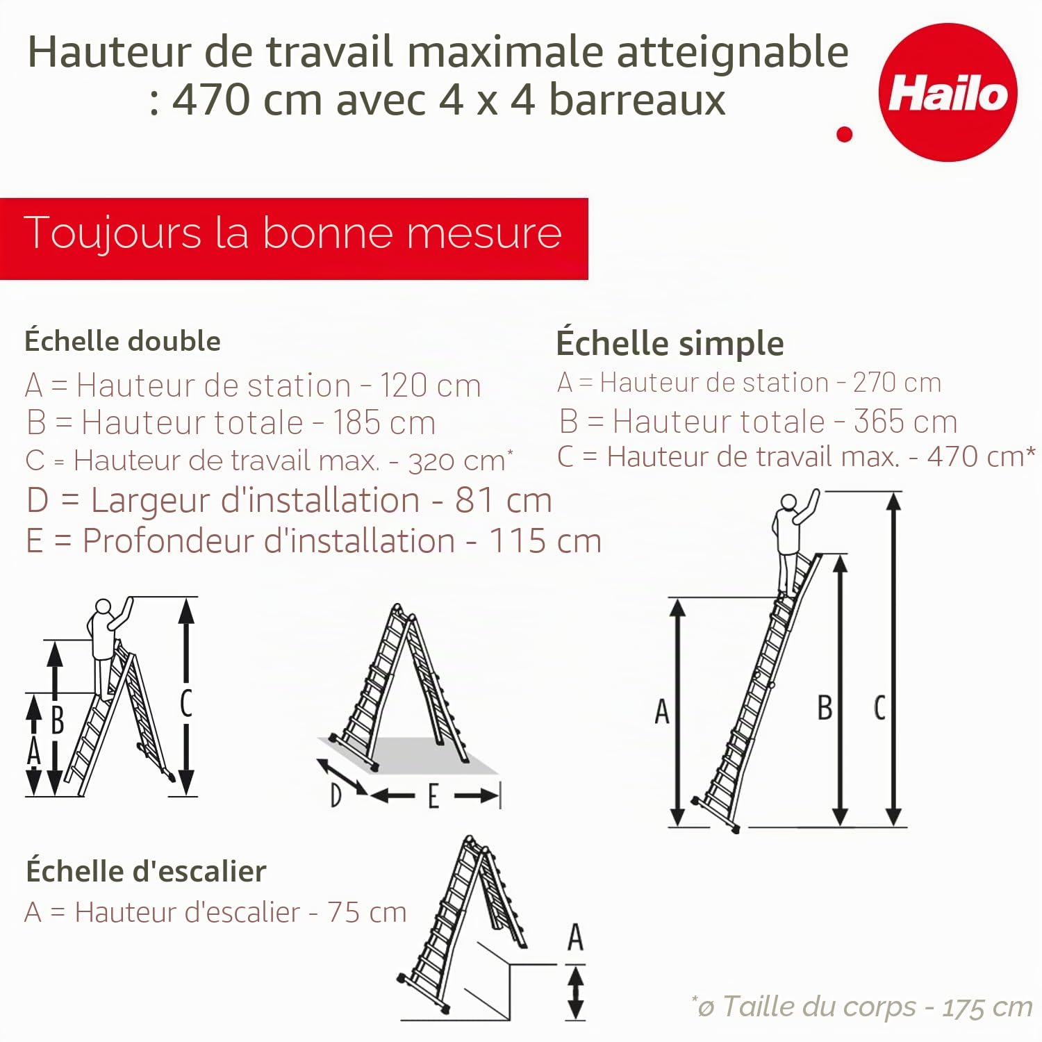 Hailo M80 7516007 Aluminium Echelle Polyvalente Hauteur de Travail (Max.): 4.70 m Argent, Rouge 12.7 kg