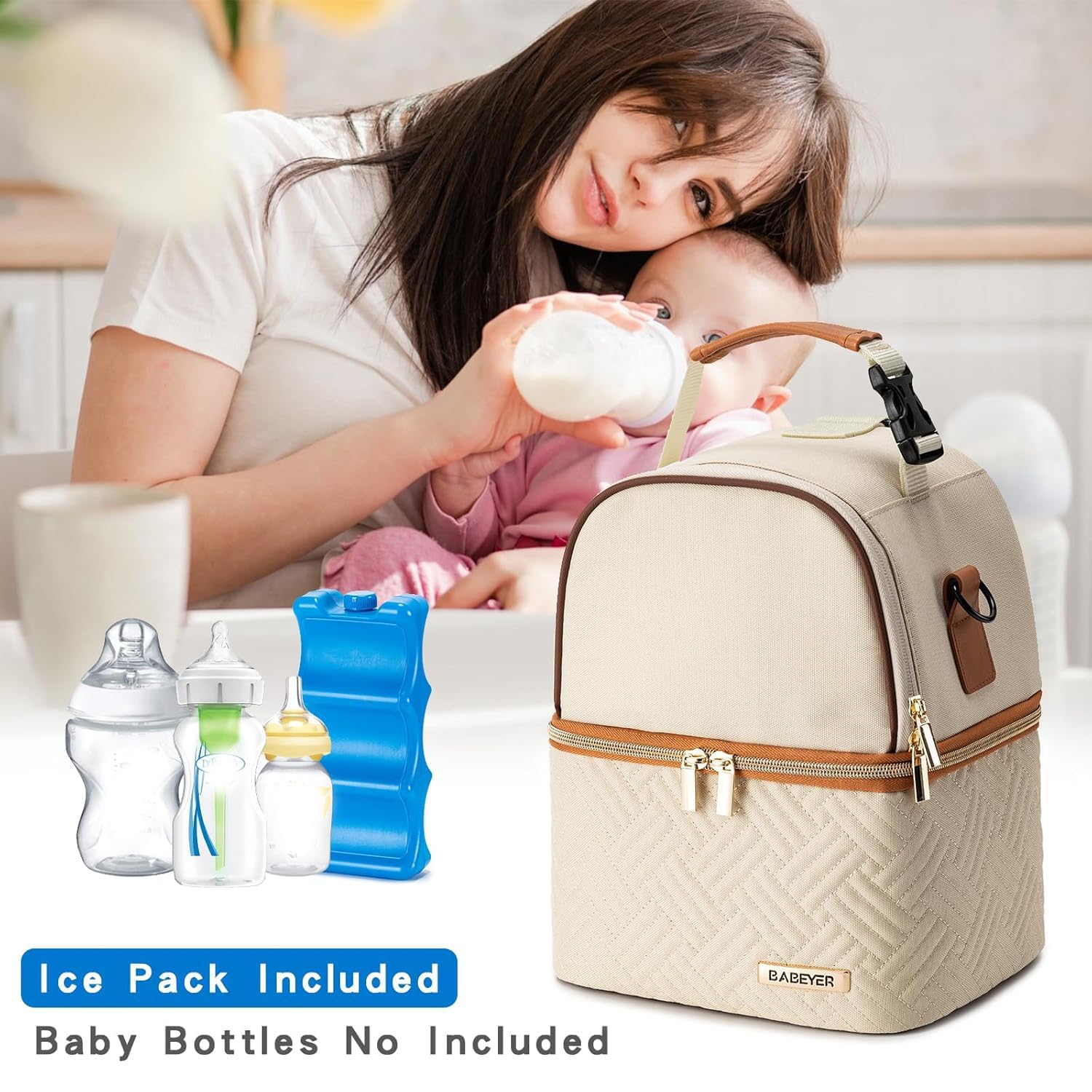 Muttermilch-Isoliertasche mit Eisbeutel, passend für 6 Babyflaschen bis zu 266 ml, Muttermilchpumpe, Kühltasche mit Schultergurt für Stillen, Mutter, Tagespflege, Arbeit, Reisen, cremefarben