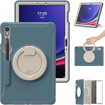 Anti-Yellowing Tablet Cover for Samsung Galaxy Tab S10 FE/S9 FE 5G 10.9 Inch/ S9 11 Inch 2023 Releas Case, Full-Body Protective Rugged Hybrid Bumper Cover with Handle Grip,Swivel StandBlue