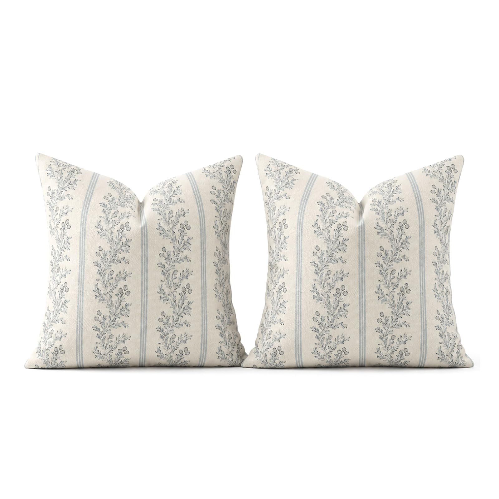 Wusejosapi 2 Pack Pillow Cases, Decorative Cushions, Throw Cushions, Light Blue Linen Blend with Vintage Botanical Stripe Pattern for Everyday Living Room Decor, Country House & Boho Home Decoration