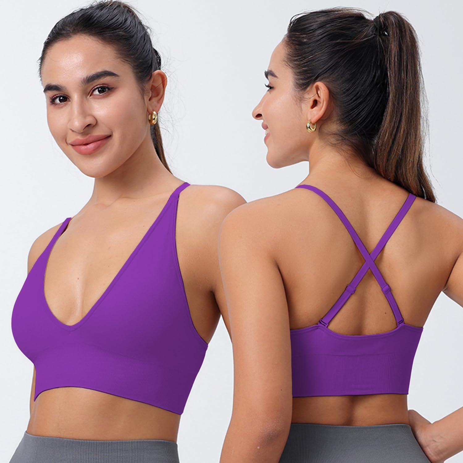Evercute Women's Sports Bras 3/4 Pack Adjustable Deep V Neck Bras Wireless Spaghetti Strap Criss Cross Padded Low Support Bra - Image 2