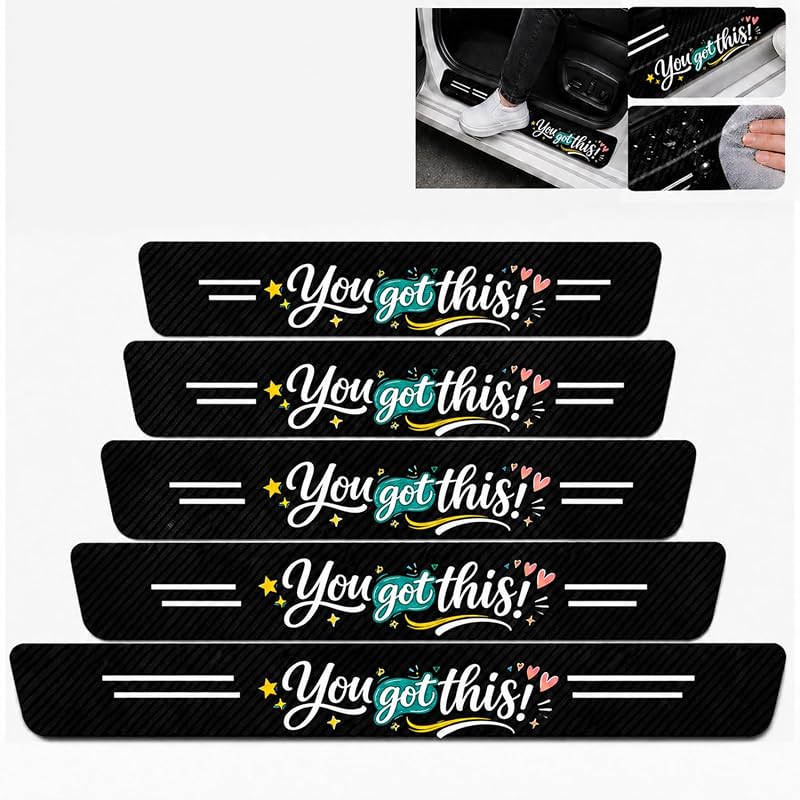 Protetor de soleira automotiva com design You Got This!, acabamento em fibra de carbono, 90 x 7 cm, 5 peças