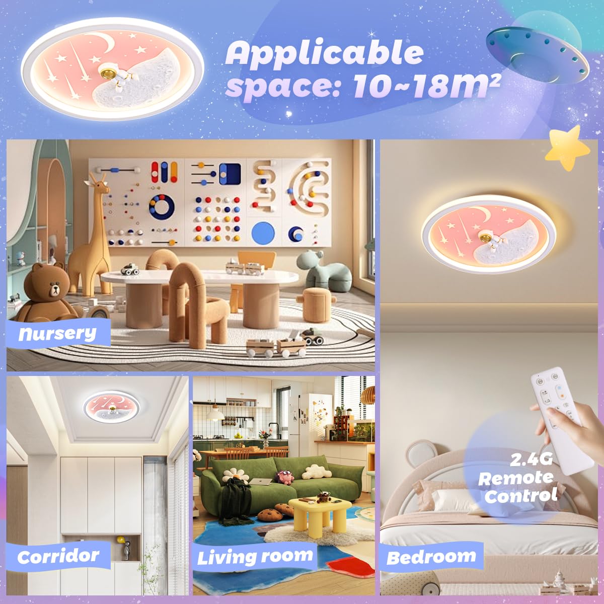 LED Kinder Deckenlampe, Astronaut Mond Deckenleuchte Dimmbar Mit Fernbedienung, Schlafzimmer Decke Kindergarten Beleuchtung Junge Mädchen Kinder Lampen Decke Kinderzimmer Schlafzimmer Lampe, 50cm Rosa