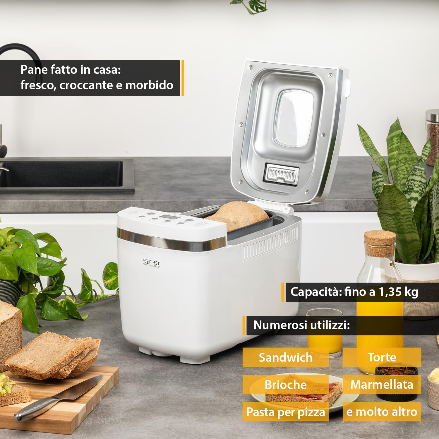 TZS First Austria - Macchina del Pane 850W - Per pane da 900g & 1350g - 14 Programmi automatici - Doratura regolabile, Timer & Funzione mantenimento calore