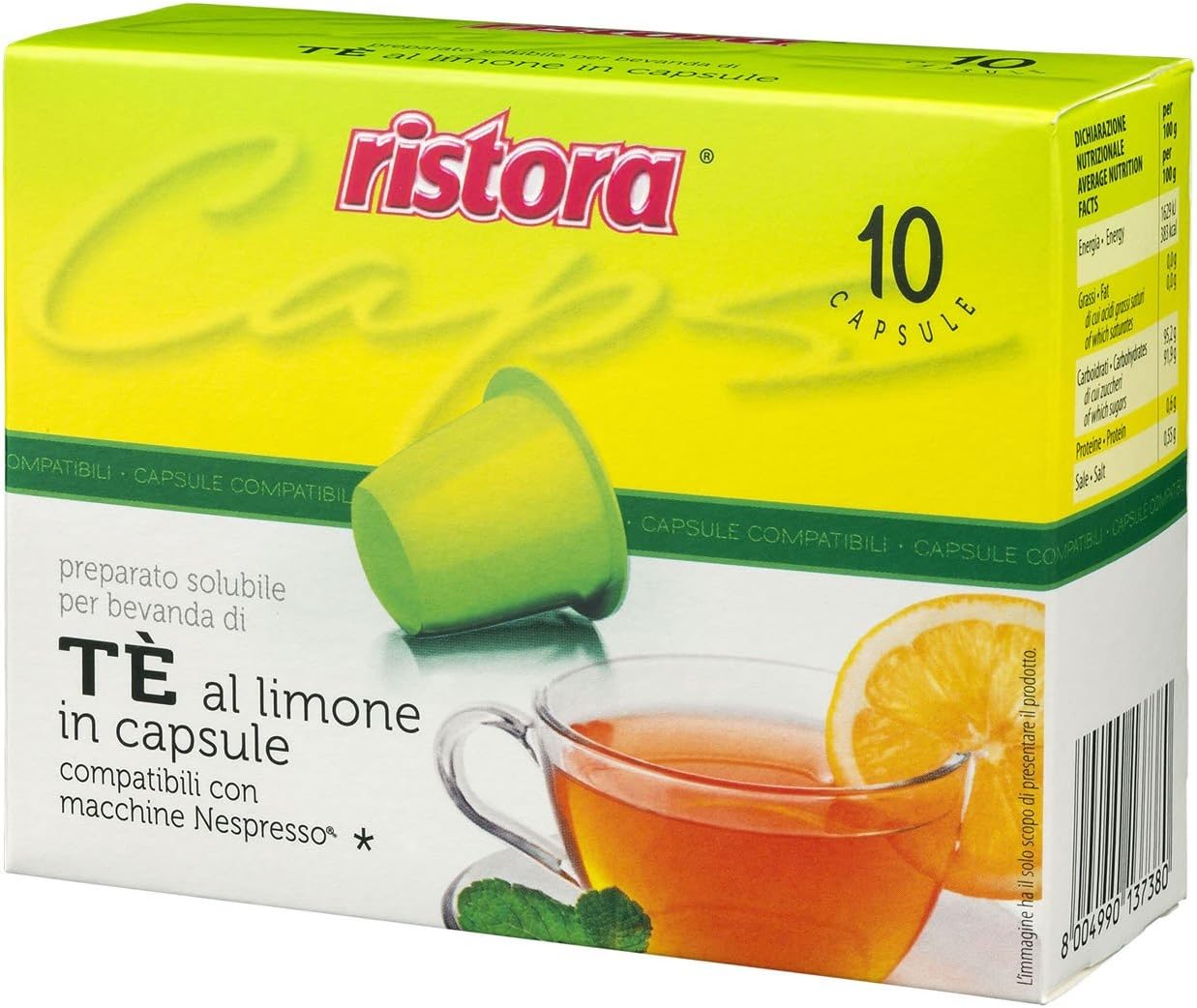 Juego de 60 cápsulas de té limón The Restora compatibles con máquinas de nespresso (6 x 10 unidades)
